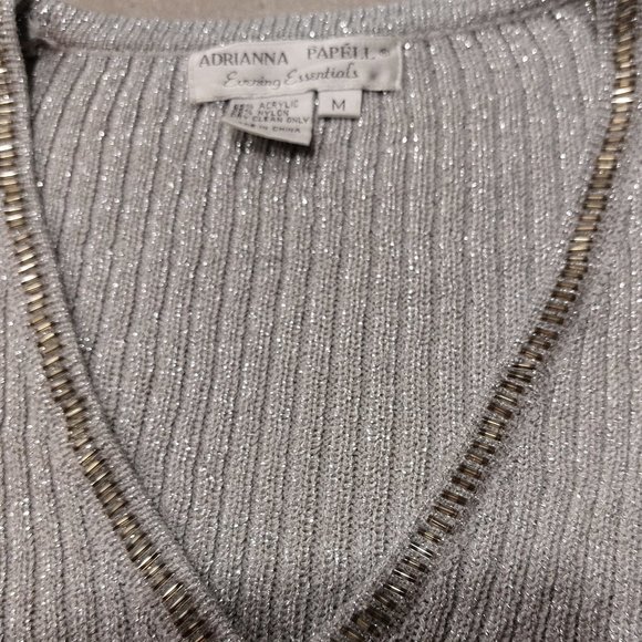 ADRIANNA PAPELL Evening Essentials Silver Metallic Beaded Trim Cardigan Size: M - Picture 5 of 6